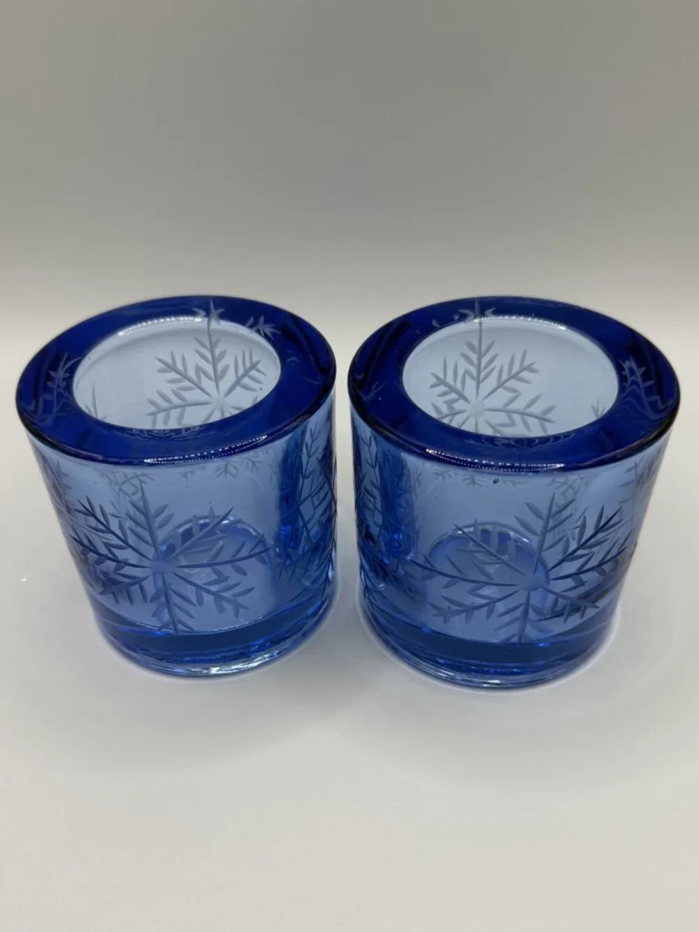 VTG Swiss Snowflake Blue Glass Votive Candle Holders